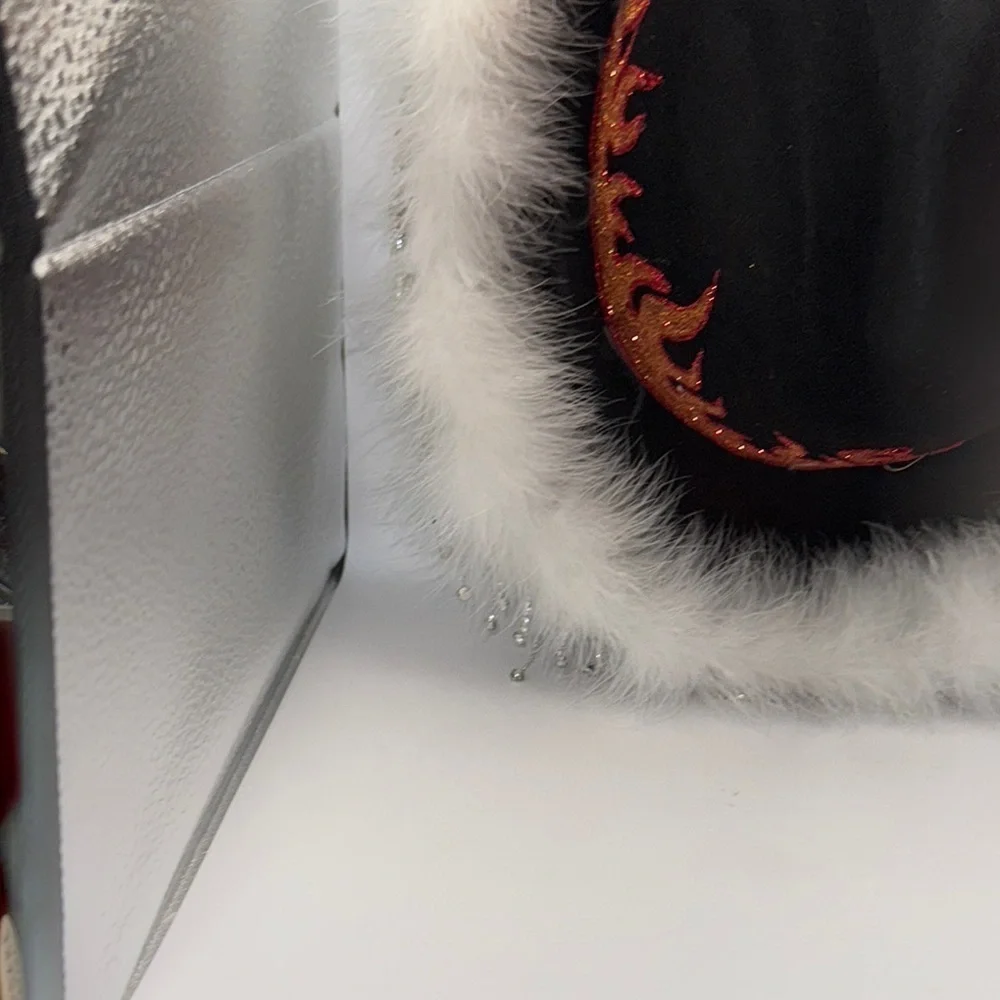 Black flame felt cowboy  hat  White Faux Fur Trim and dangling rhinestones